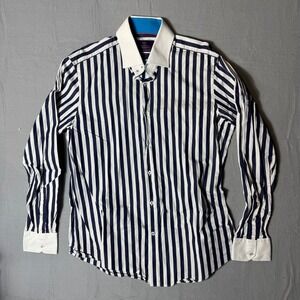 Hawes & Curtis London Brandon Slim Fit Striped Dress Shirt Mens L Navy White